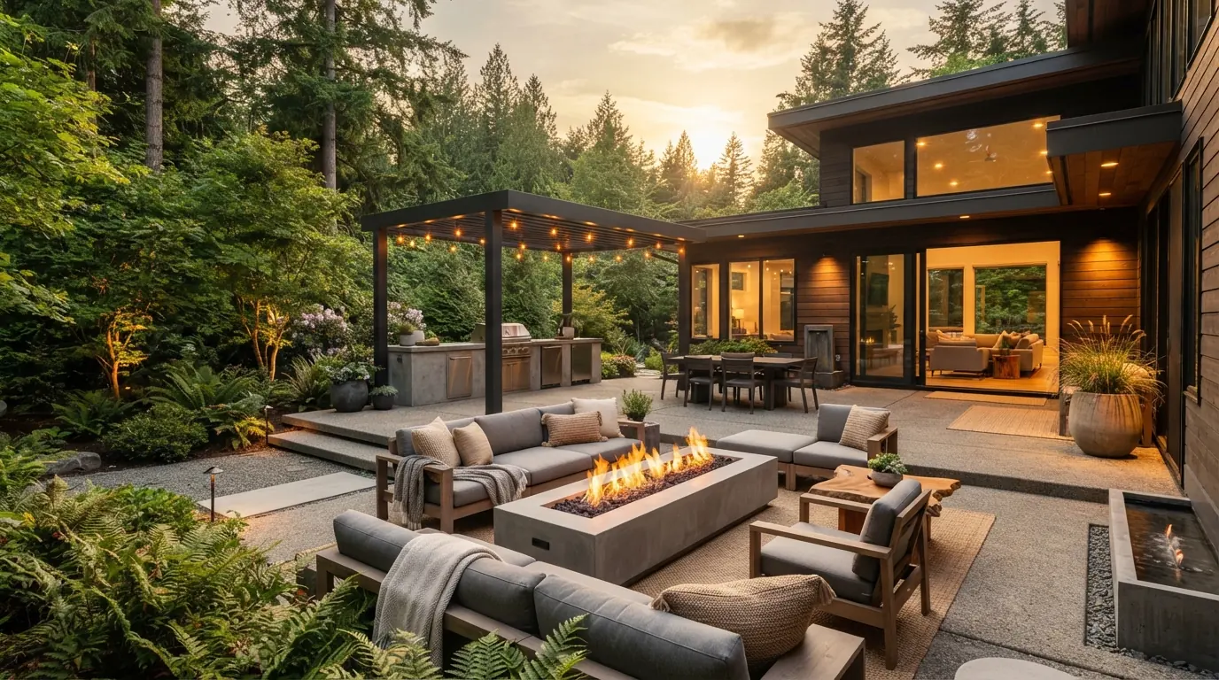 Concrete patio at dusk with outdoor sofas around a long fire table, a covered dining area and tall evergreen trees
